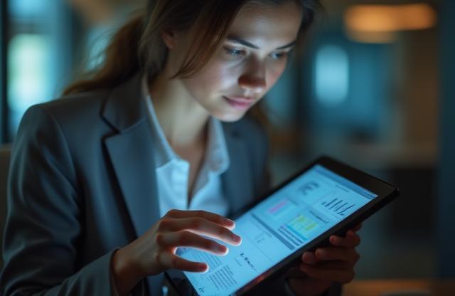 Person reading a digital newsletter or report representing gaining valuable insights